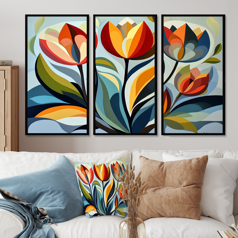 «Green Mid Century Mod Nature Tulip I», ensemble de décorations murales abstraites de style Mid-Century