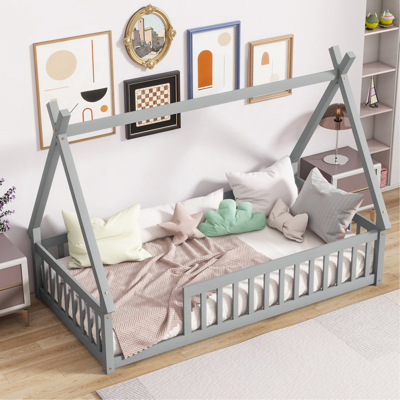 Lit simple en forme de tente, lit tipi avec garde-corps et lattes, Gris