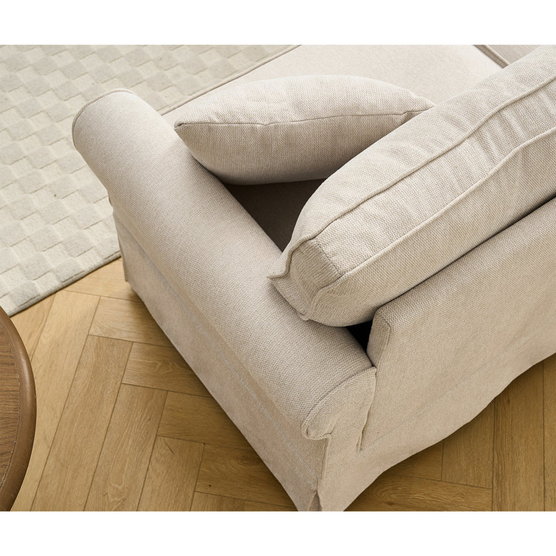 Canapé modulaire à 5 places en L beige avec revêtement en tissu doux et base en lin beige, Polyester beige