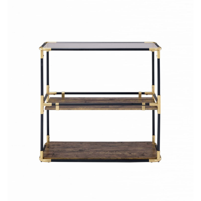 Hymes Industrial Rectangular Console Table with Smoky Glass Top in Black and Gold