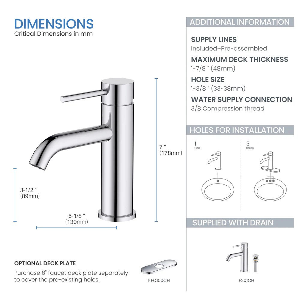 Single-Handle Bathroom Faucet with Pop-Up Drain, Chrome