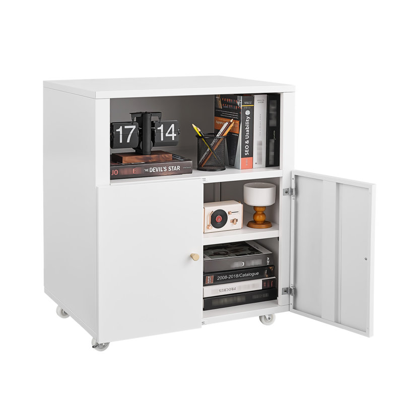 Classeur mobile pour bureau à domicile avec support pour imprimante et porte magnétique - charnière améliorée en métal blanc, cloison réglable, 360 roues rotatives pour dossiers de format lettre / légal / A4