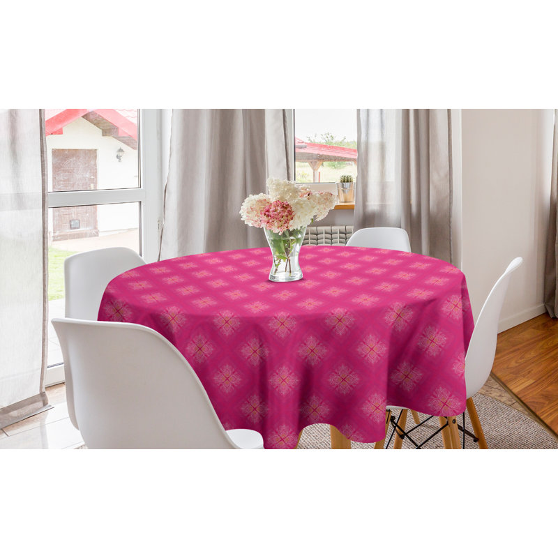 Ambesonne Abstract Surreal Round Tablecloth, Thai Traditional Ornamental Flower Leaf On Geometric Boho Diamond Classic, Circle Table Cloth Cover For Dining Room Kitchen Decoration, 60", Hot Pink