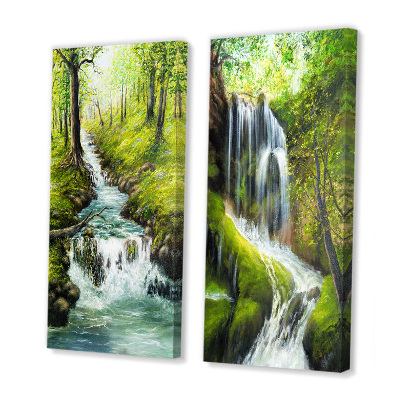 «Spring River Fall in Green Forest», ensemble de 2 peintures sur toiles, Toile tendue, H 20 po x l 24 po x P 1 po