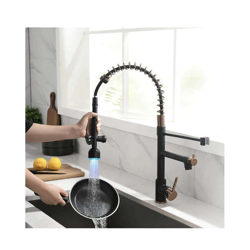 Robinet de cuisine rétractable AvaMalis, Noir mat / Or rose