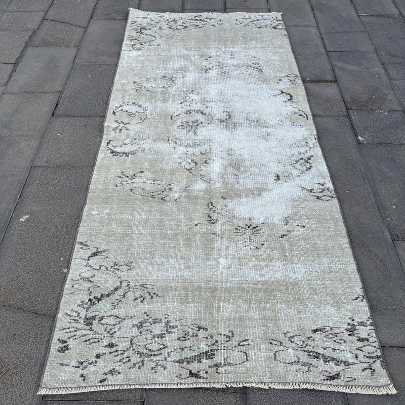 Tapis turc vintage Oushak beige - motif rustique vieilli, idéal pour les salons et les salons