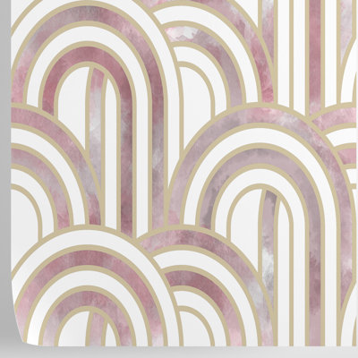 Pink and White Art Deco Gold Lines Wallpaper