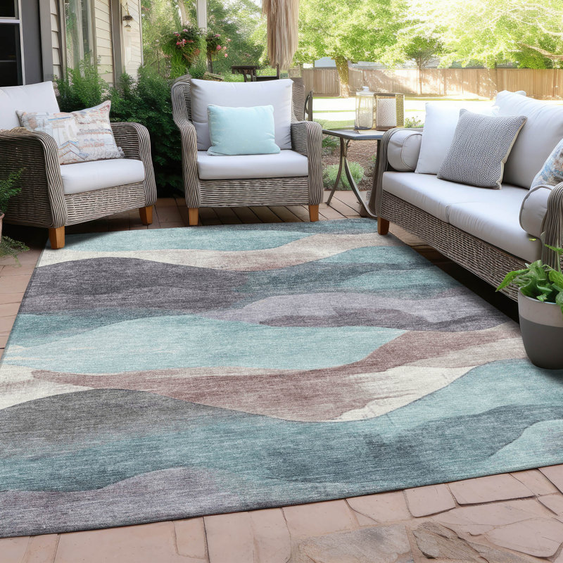 Tapis bleu sarcelle lavable à la machine intérieur / extérieur Xhevrie, Rectangle 2 pi 6 po x 3 pi 10 po