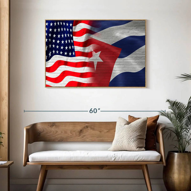 Drapeau américain et cubain, Cadre flottant en bois naturel, 43 po x 29 po