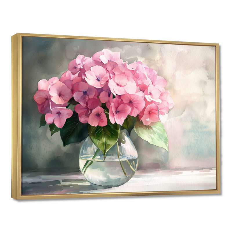 Hortensias dans un vase en verre III - hydrangées, décoration murale, H 34 po x l 44 po, Impression encadrée flottante, Doré