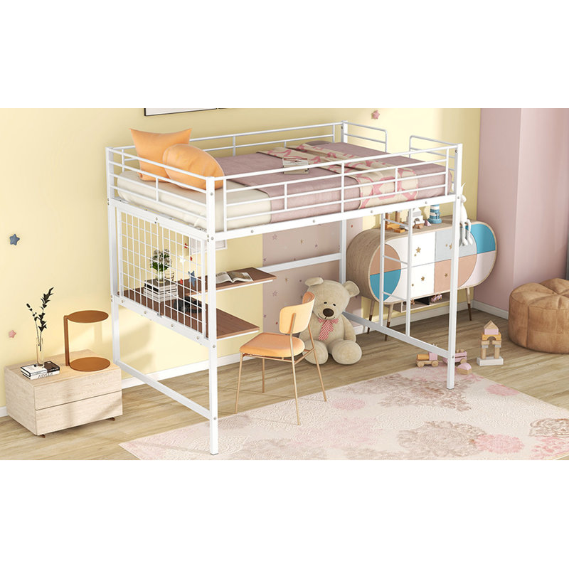Full Metal Loft Bed With Desk And Metal Grid, White