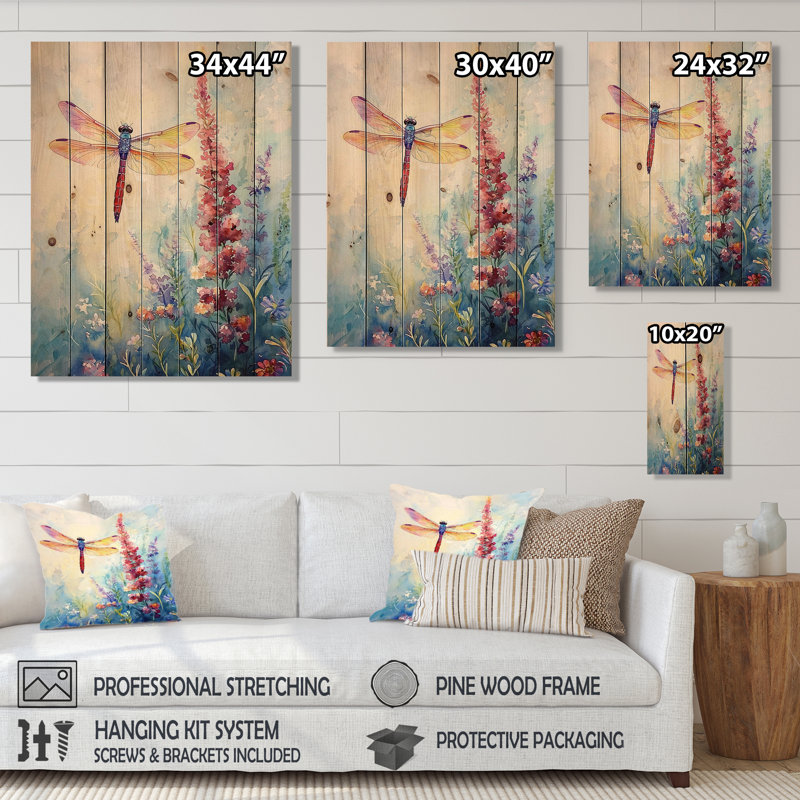 Libellule dans les jardins II - impression moderne en bois rouge sur bois de pin naturel, H 20 po x l 10 po