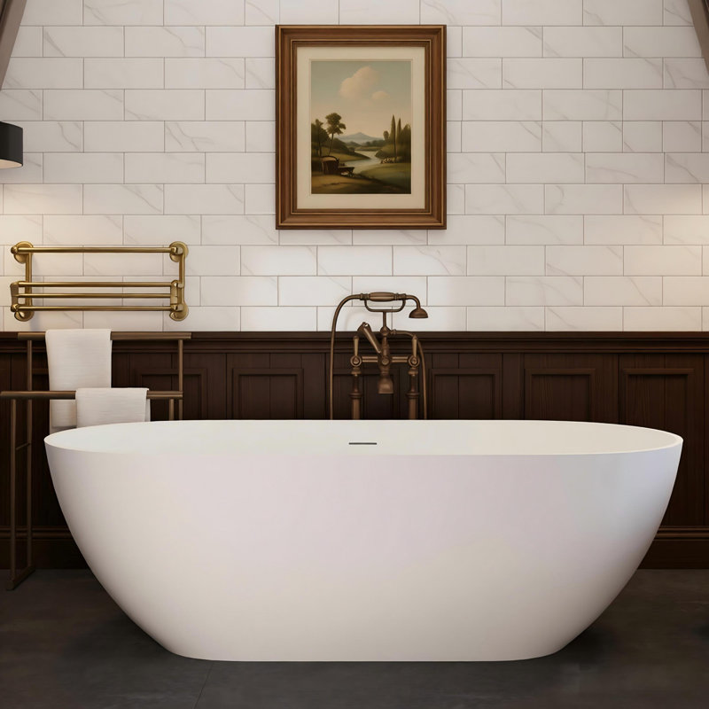 69" Freestanding Solid Surface Bathtub, Luxury Handcrafted Stone Resin Freestanding Soaking Bathtub with Overflow and Pop-up Drain