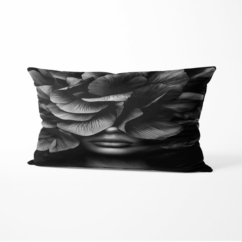 Coussin décoratif imprimé Femme à la mode - Portrait floral de femme en noir et blanc - Photo III, H 12 po x l 20 po