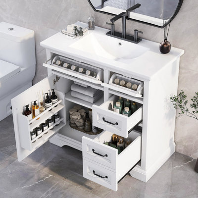 Meuble-lavabo de salle de bain avec lavabo, 2 tiroirs basculants, charnières de porte à fermeture en douceur
