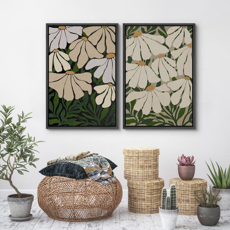 «Abstract Botanical Floral», ensemble de 2 reproductions d'art encadrées sur toile encadrées, Noir, noir, noir, noir