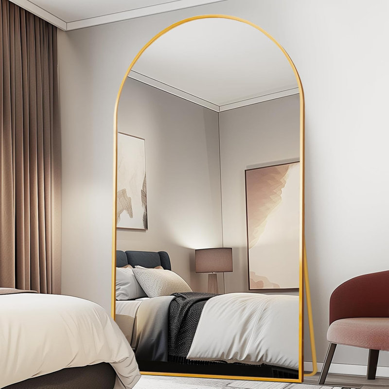 Large Arched Full Length Mirror with Stand, Wall Mounting Full Body Tempered Mirror, Metal Frame Full-Length Mirror for Living Room, Bedroom
