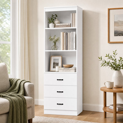 Bibliothèque standard de 69 po de hauteur avec 3 tiroirs et 3 tablettes ouvertes, armoire de rangement pour bureau personnel