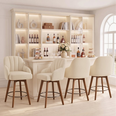 Tabouret de bar pivotant rembourré 27 ", ensemble de 4, avec pieds en bois d'hévéa massif, siège pivotant à 360 ° et dossier en coquille capitonné