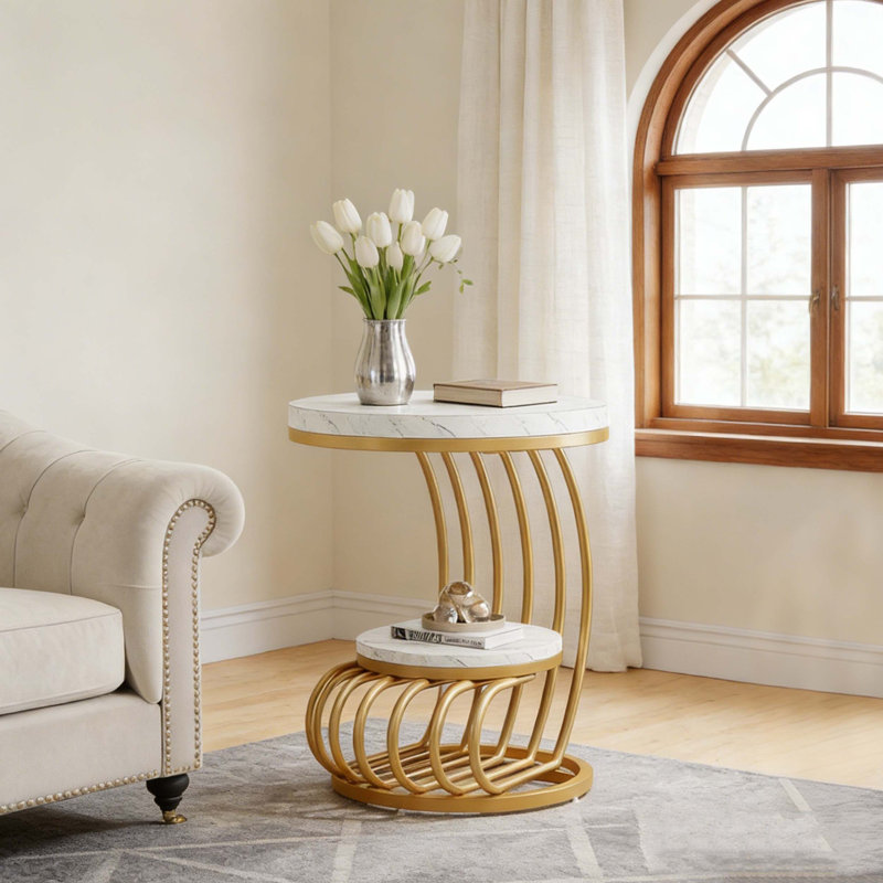 Table d'appoint à 2 niveaux en faux marbre avec tablette de rangement, Blanc et or