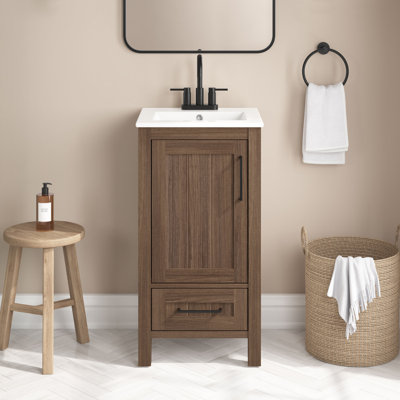 OVE Kansas 18 in. Single Sink Freestanding Bath Vanity in Spiced Walnut, Integrated Ceramic Sink, Matte Black Hardware