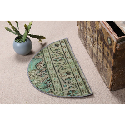 Charming Vintage Round Turkish Small Green Rug Handwoven From Wool Ideal For Entry Area And Front Doors