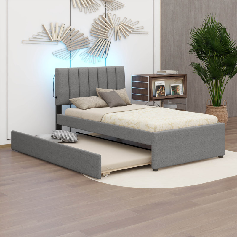 Lit plateforme tapissier simple avec lit gigogne Teddy, gris