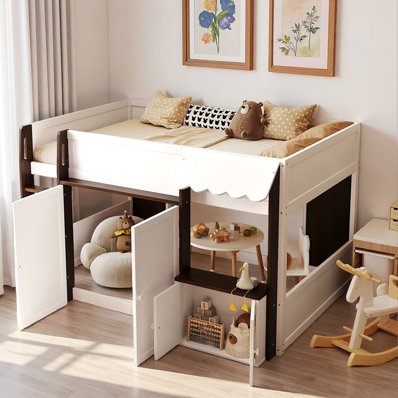 Lit mezzanine moderne avec maisonnette et rangement, Espresso/blanc