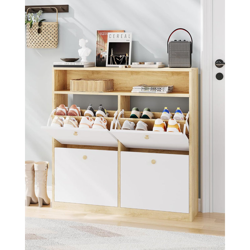 Narrow Shoe Storage Cabinet, Engineered Wood, 4 Flip-Down Drawers with Open Shelf, Freestanding Design for Entryway and Hallway