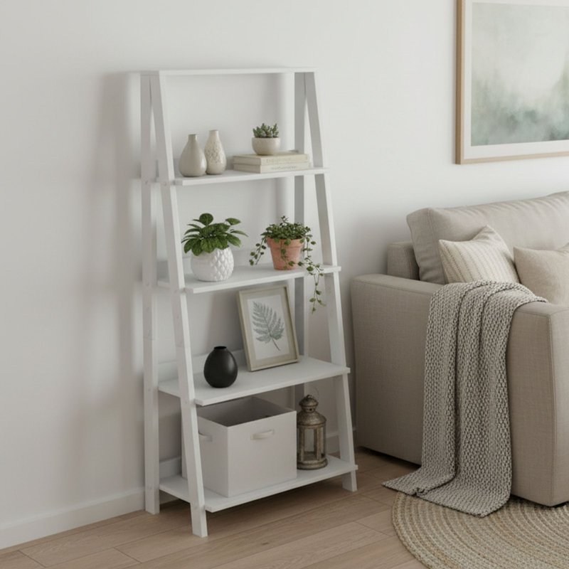 Lavish Home 24"L  x 13"W x 55.25"H 4-Tier Leaning Ladder Bookshelf, White, (4 Shelves) 55.25"H x 24"W x 13"D, White