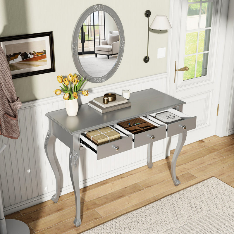 Silver Oval Mirror Makeup Desk With 3 Storage Drawers, Velvet Jewelry Tray, Exquisite Detail Craftsmanship, Solid Wood Legs, High - Quality Metal Rails,  For Living Room, Bedroom Elegant