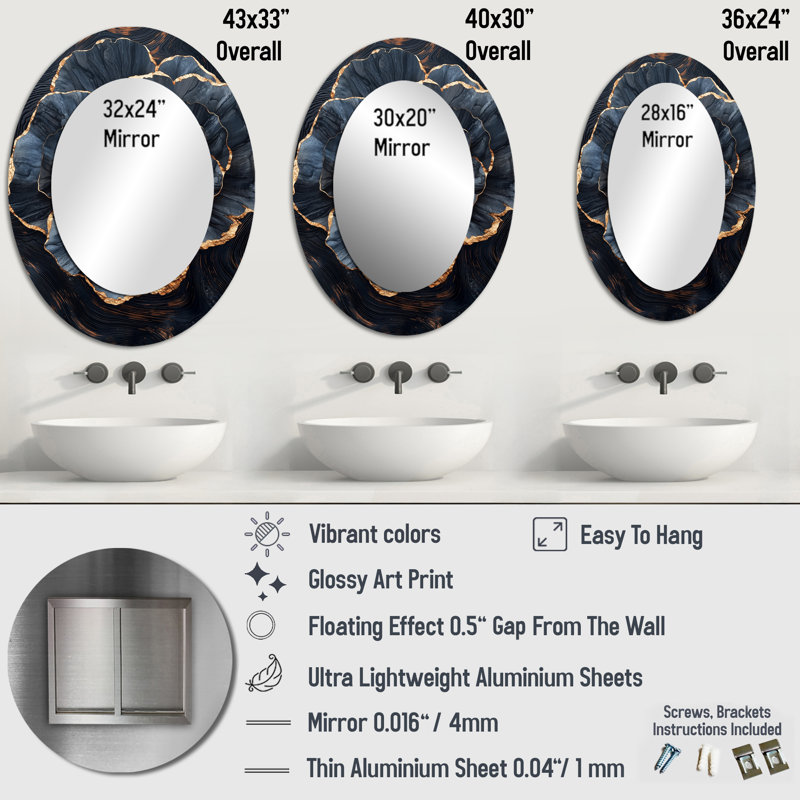 Gold Blue Peonies Geode Stone I - Traditional Oval Wall Mirror, 40" x 30"