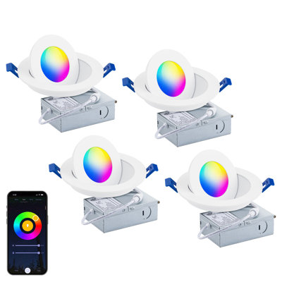 Colour Smart 5in 9W 700 Lumens LED ronde encastrée et boîtier de rénovation ou de nouvelle construction avec 0-90 réglable RGBCW couleur changeante en blanc Fonctionne avec les applications Android ou Android