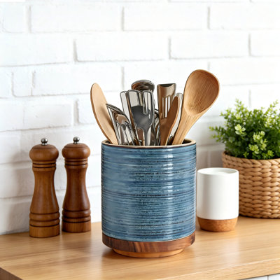 360° Rotating Extra Large Cooking Utensil Holder, Kitchen Utensil Holder for Countertop, Utensil Crock for Farmhouse Kitchen Decor, Ceramic Stable Utensil Caddy, (Blue Ring)