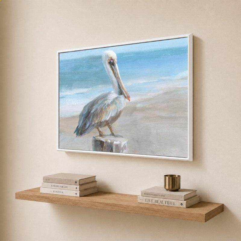 «Pelican by the Sea» par Danhui Nai - impression sur toile, 28" H x 40" W, White