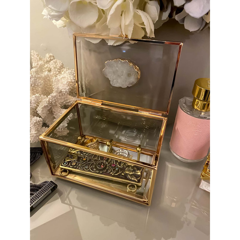 Rectangular Glass Jewellery Box in Gold with Agate Crystal