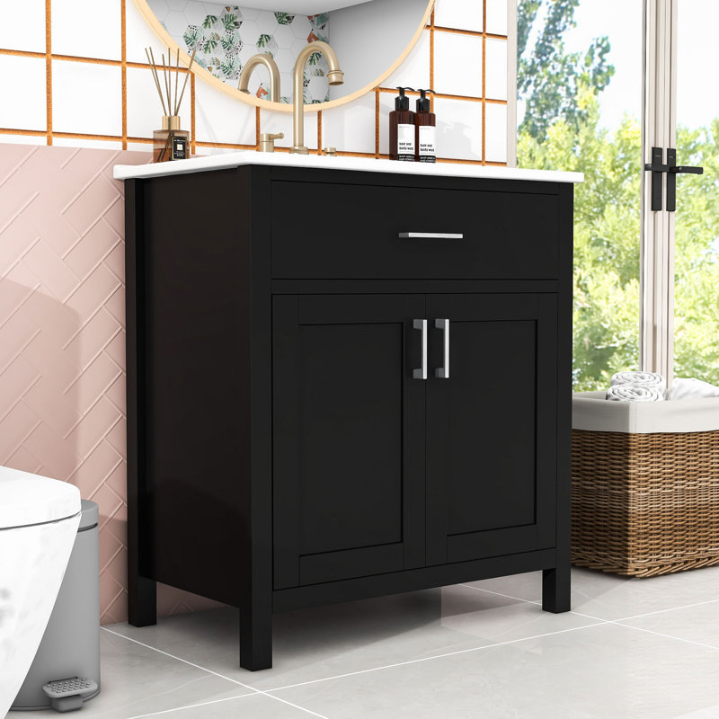 Meuble-lavabo de 30 pouces avec lavabo en céramique encastré et rangement, Noir