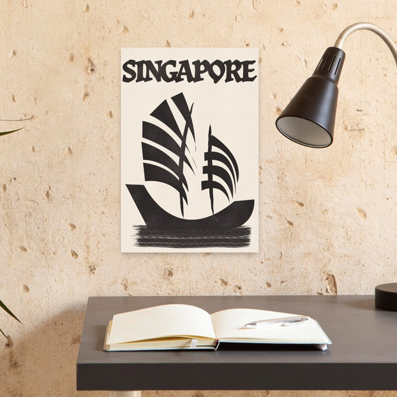Singapore Junk Sail Minimalist Retro Traditional City Ocean Wall Art Print 1 Piece Wrapped Canvas Wall Art