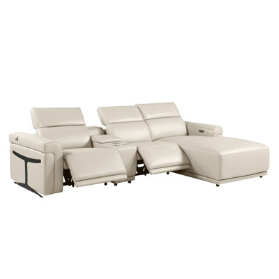 Camel Left-Facing 4-Piece L-Shaped Sectional In Top-Grain Italian Leather With 2 Power Recliners & Adjustable Headrests