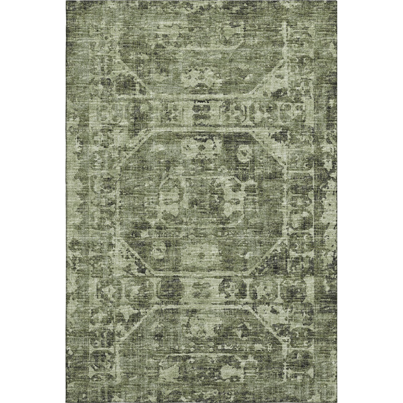Premium Machine Washable Kelsa AMF41 Olive Rug, Rectangle 2'6" x 3'10"