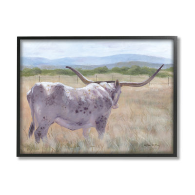 Stupell Industries Longhorn Vast Rural Grassland Farm By Pam Britton - Floater Frame Painting On Wood In Midnight Black Framed Giclee