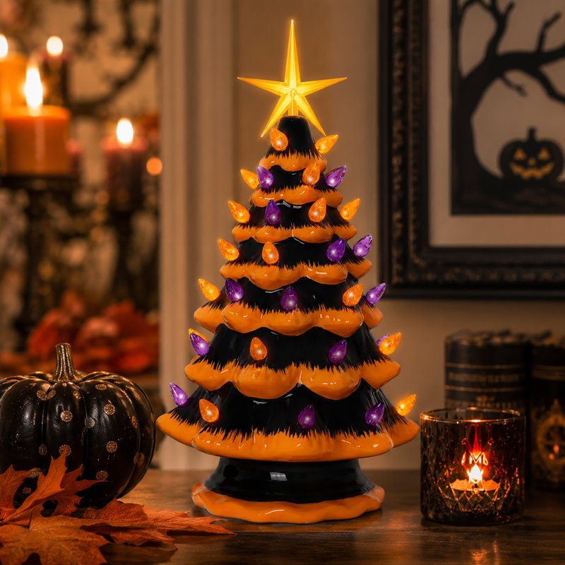 Arbre de Noël d'Halloween en céramique, Orange / noir