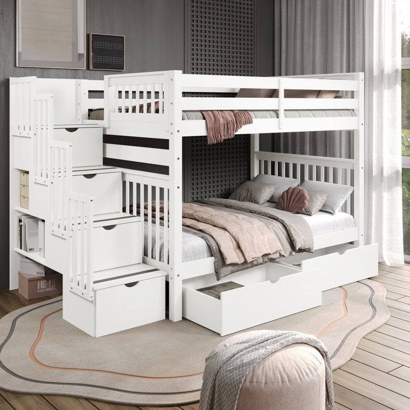 Tena Solid Wood Standard Stairway Bunk Beds Full over Full, 4 Drawers in the Steps, 2 Under-Bed Drawers, White, White