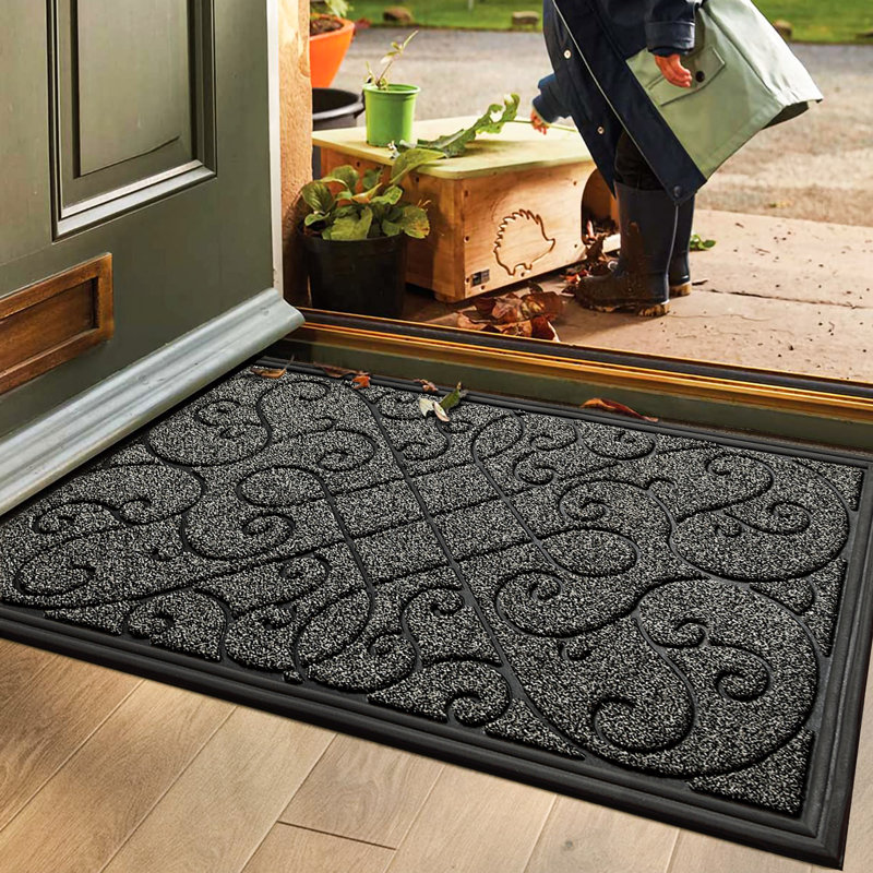 Tapis de porte d'extérieur antidérapant Miralee, L 17 po x L 30 po, Gris foncé