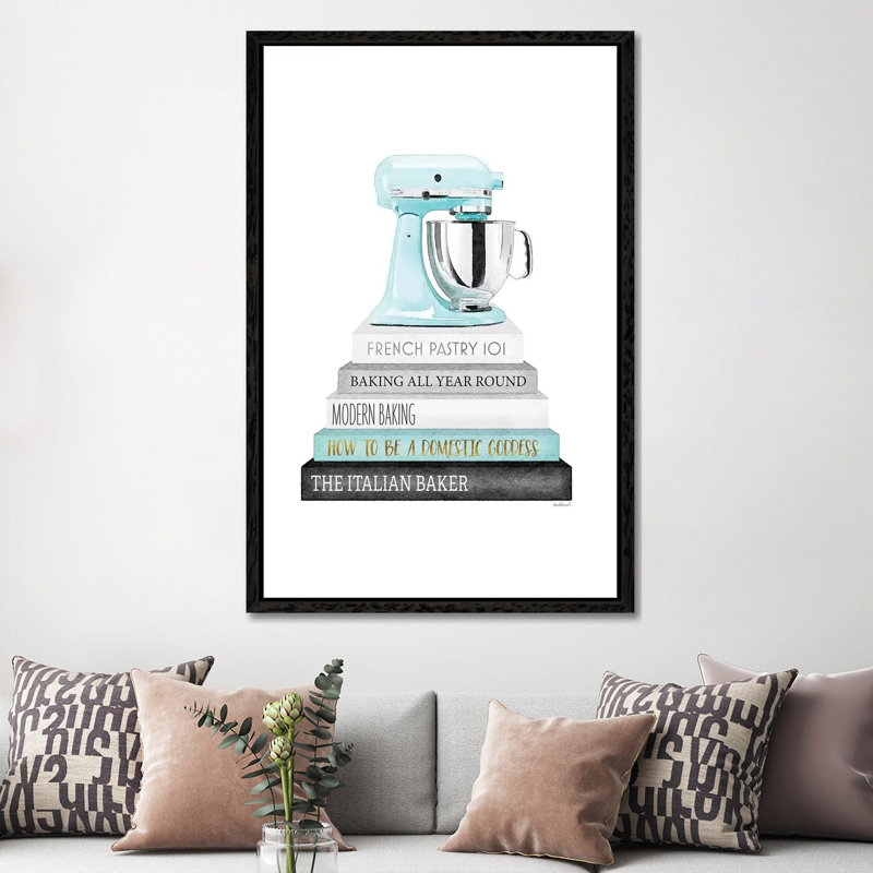 Baking Bookstack With Teal Mixer by Amanda Greenwood - Painting on Canvas, 152.5 cm H x 101.5 cm W, Black Framed Canvas
