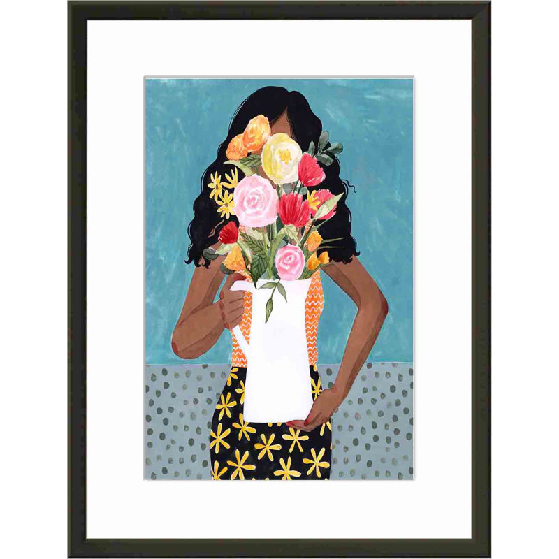 «Flower Vase Girl I» par Grace Popp - peinture encadrée, H 8 po x l 12 po, Noir