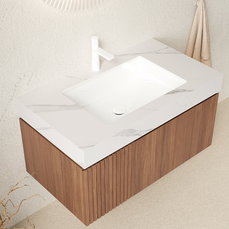 Muri 36" Bathroom Vanity&Sink, Floating Plywood Storage Cabinet With Drawer&Door, Carrara White Sintered Stone Top&Ceramic Basin With 1 Pre-Drilled Faucet Hole, Pre-Assembled, Brown Oak Woodgrain