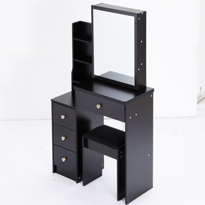 Black Dressing Table For Small Spaces With Cushioned Seat, Huge Sliding Mirror, Multi-Layered Storage Capacity Space Vanity Stool And Extra Large Storage, Black, Award-Winning American Design