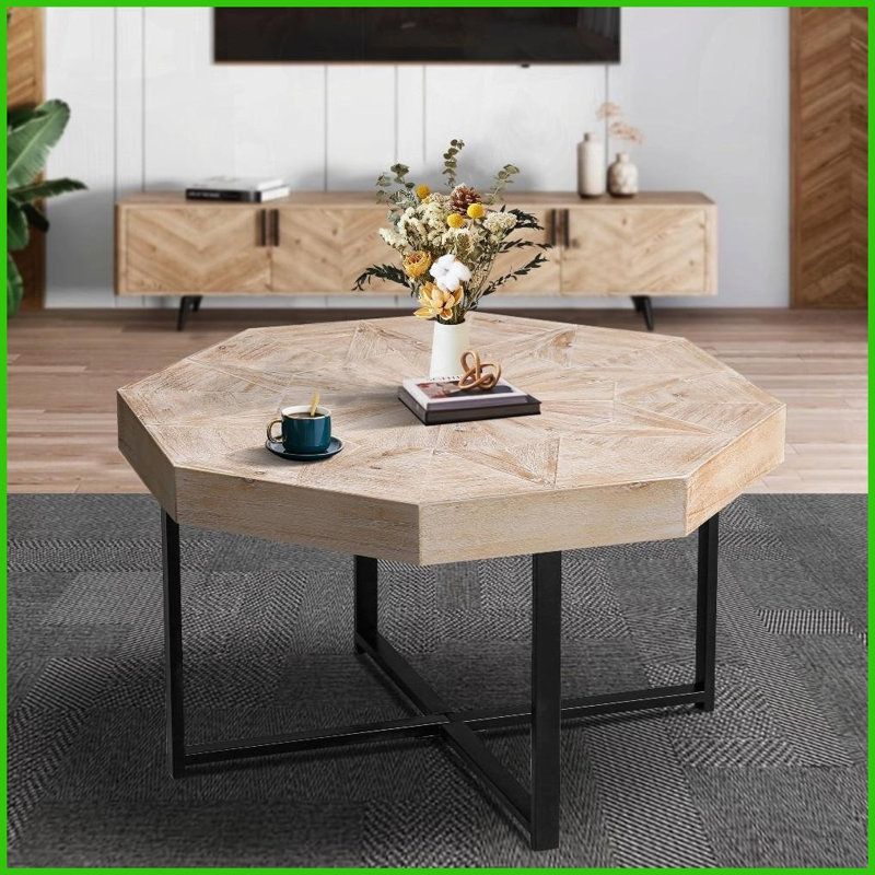 Bois patchwork rétro Table basse en métal pour le salon - plateau de 30 pouces, facile à assembler et amp; Facile à nettoyer