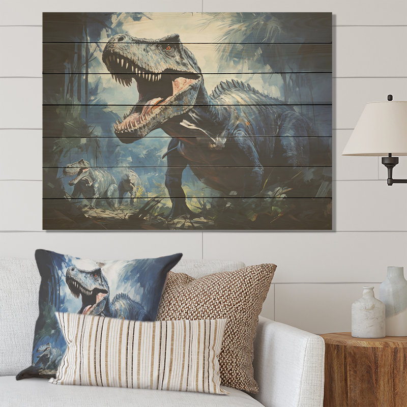 Ancien dinosaure bleu et gris I - dinosaure sur bois, H 30 po x l 40 po